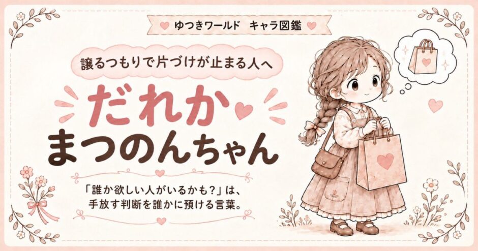 「誰か欲しい人がいるかも」で片づけが止まりやすい感情住民・だれかまつのんちゃんのキャラクター画像