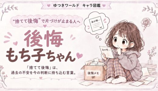 「捨てて後悔しそう」で片づけが止まりやすい感情住民・後悔もち子ちゃんのキャラクター画像