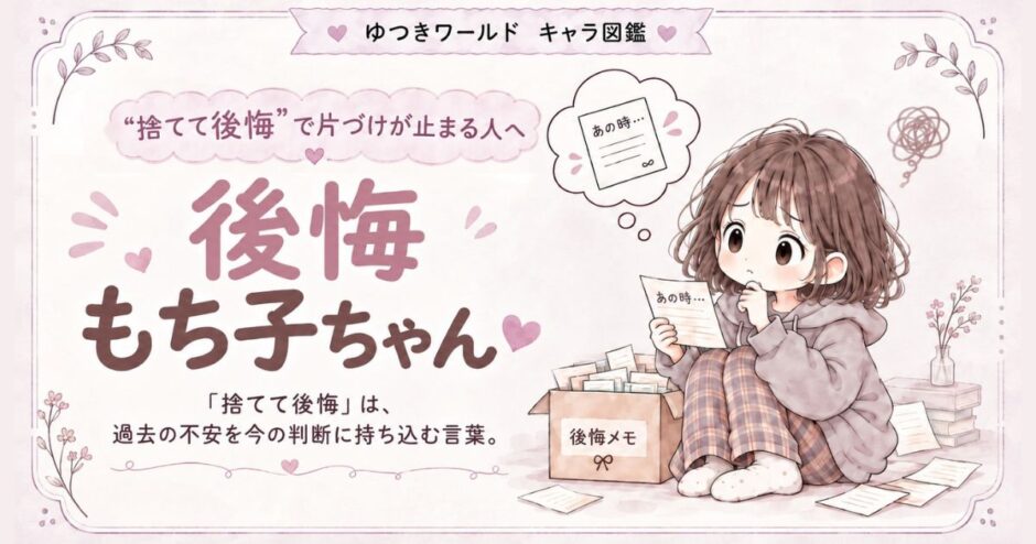 「捨てて後悔しそう」で片づけが止まりやすい感情住民・後悔もち子ちゃんのキャラクター画像