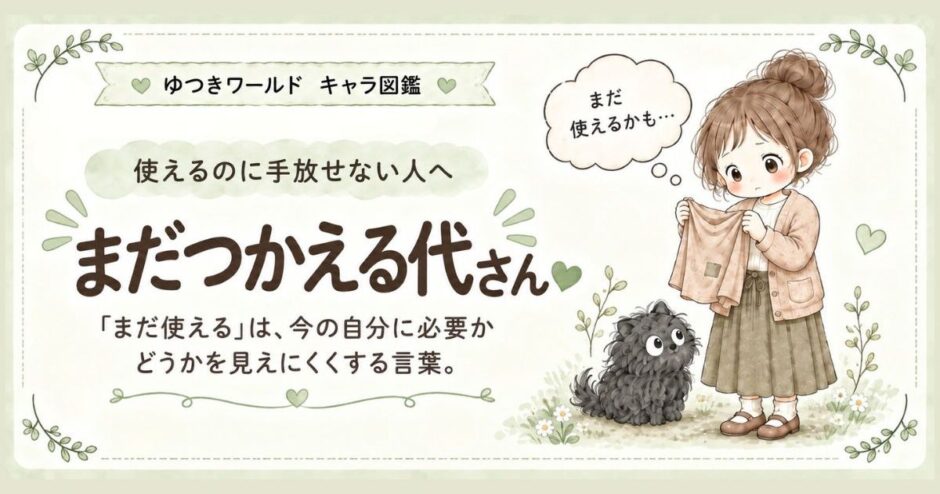 「まだ使える」で片づけが止まりやすい感情住民・まだつかえる代さんのキャラクター画像